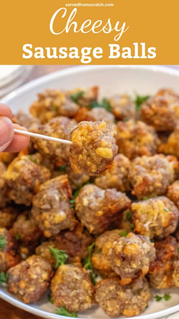 a bowl of sausage balls with one on a toothpick.