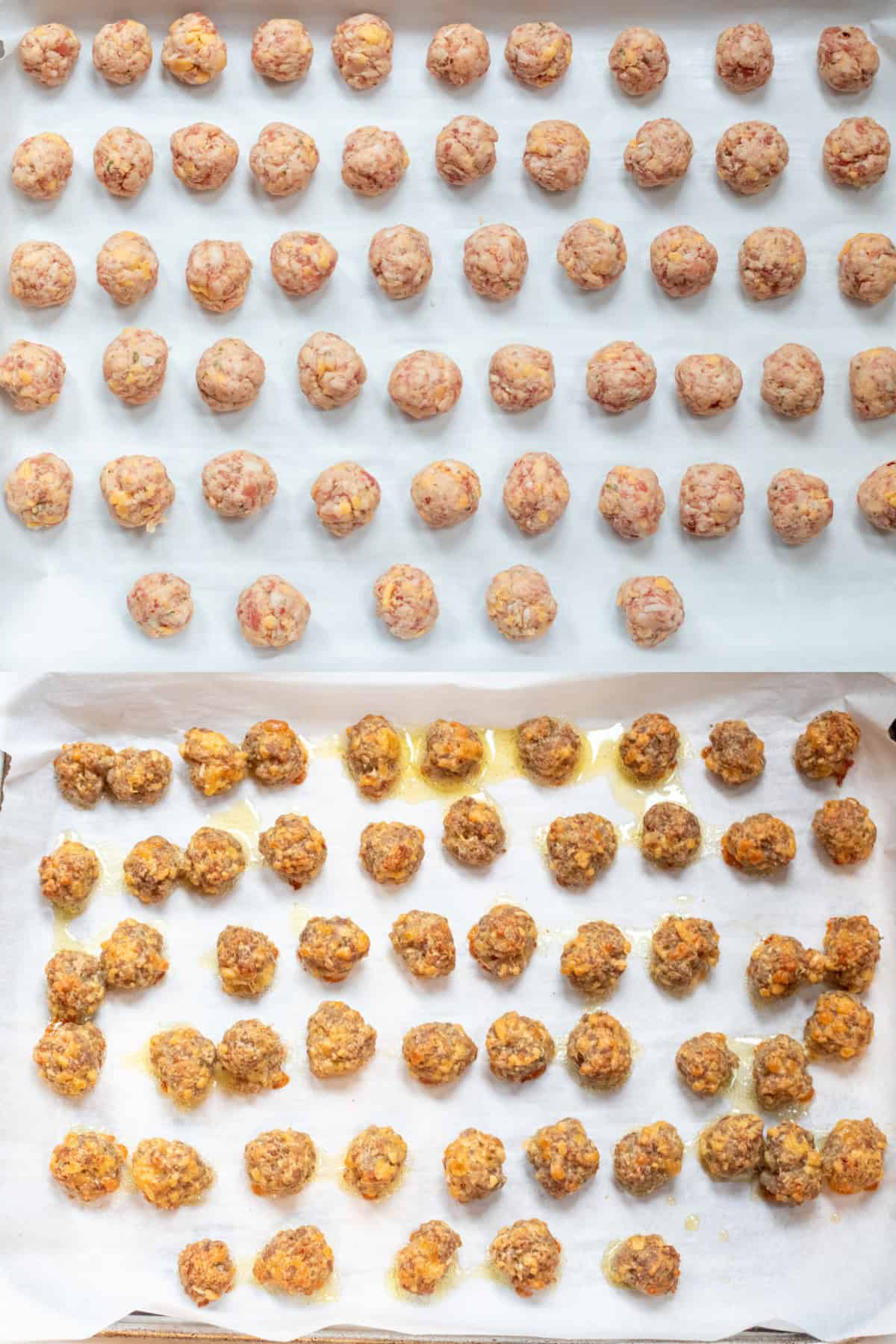 two trays, one of unbaked rolled meatballs and one with baked meatballs.