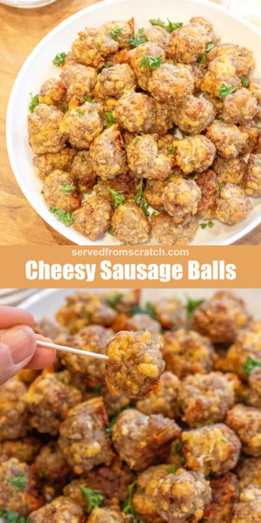 an overhead of a bowl of sausage balls with Pinterest pin text and one on a toothpick.