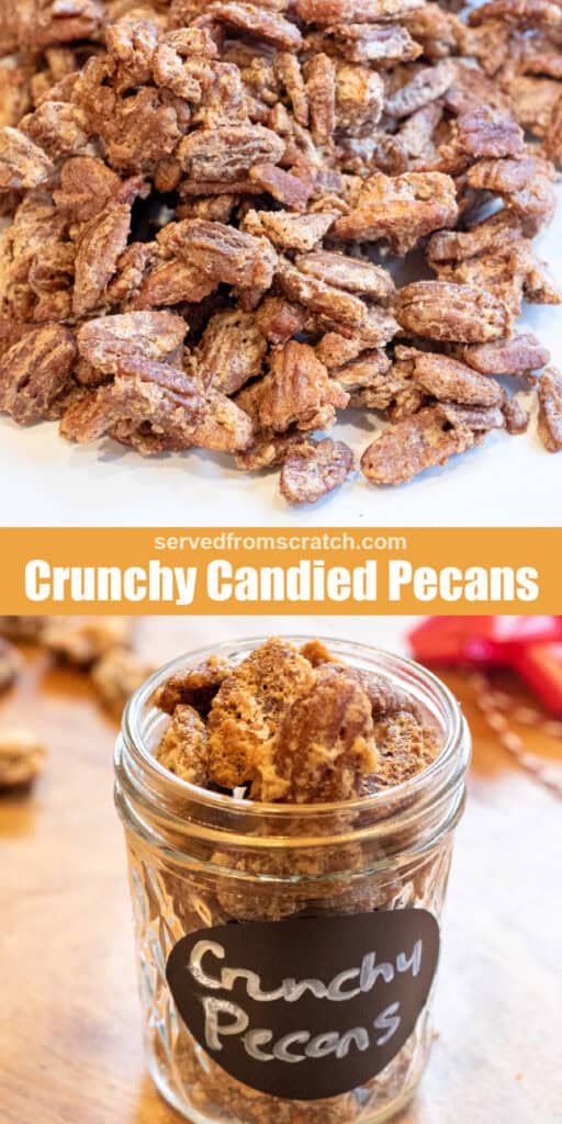 a plate of candied pecans and a mason jar of them with Pinterest pin text.