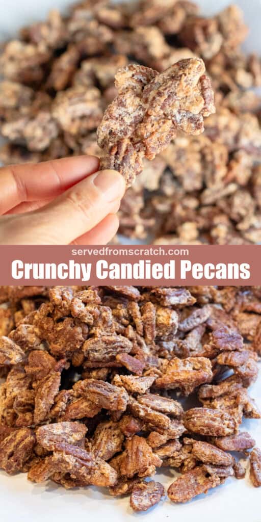 a hand holding candied pecans and a plate of them with Pinterest pin text.