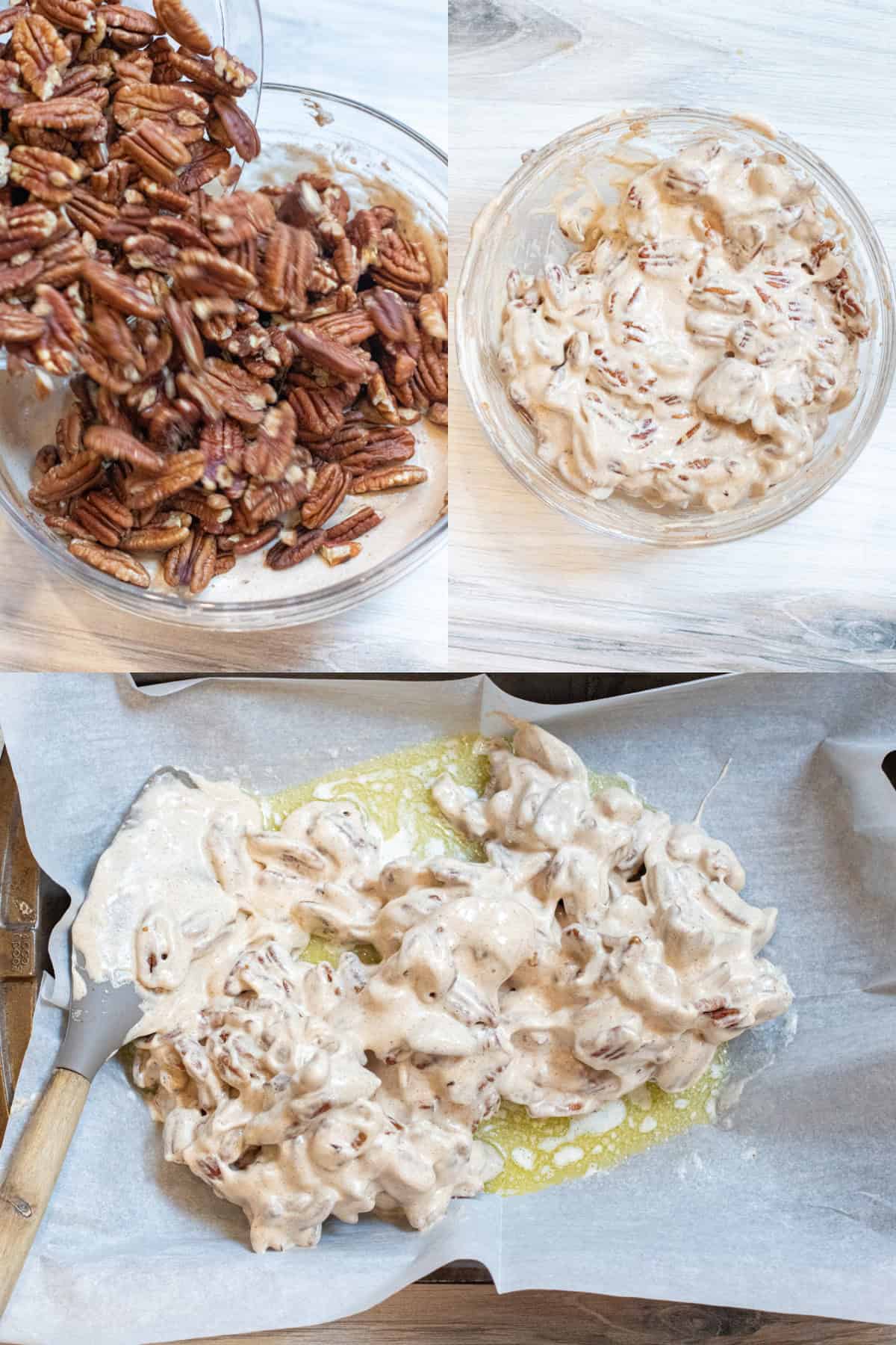 pecans being poured into egg white mixture, a bowl of it all mixed, and then being poured into buttered baking tray.