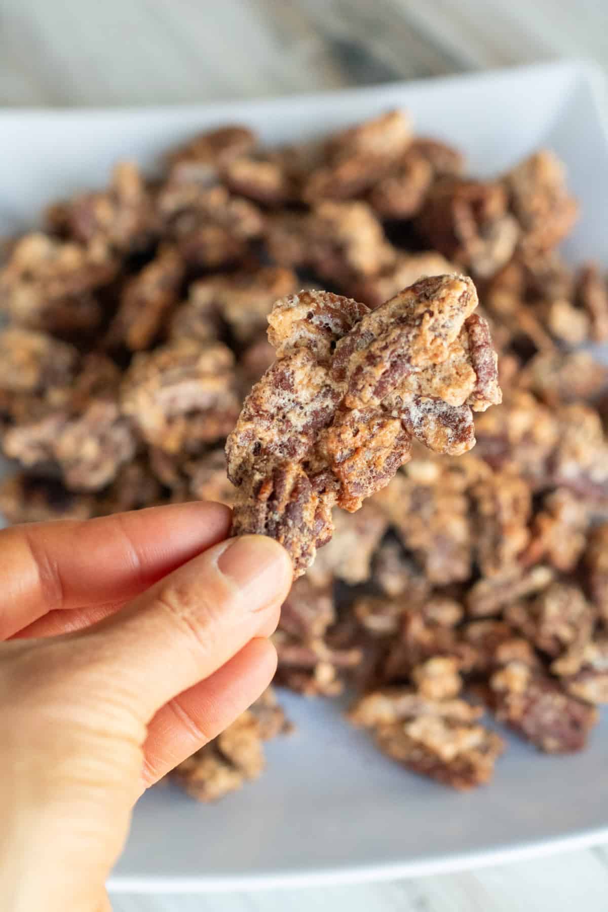 a hand holding a crunchy cluster of pecans.