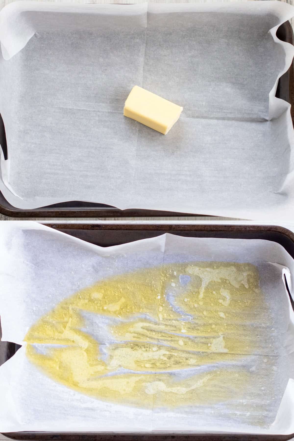 two baking pans with parchment paper, one with butter in it and one with all of the butter melted.