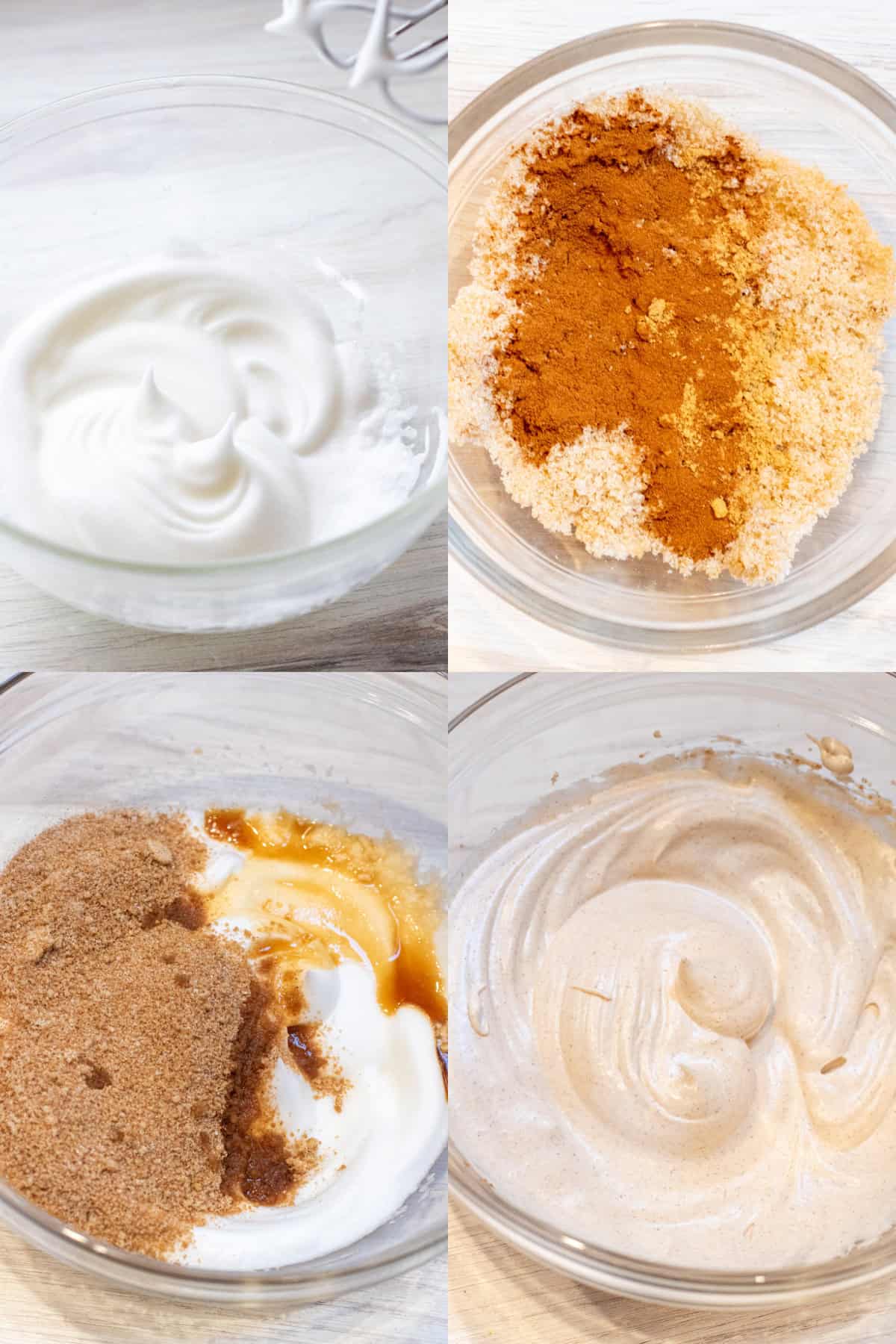 4 bowls one of whipped eggs, one with mixed sugars and spices, and then added to the whipped eggs, and all beaten together. 