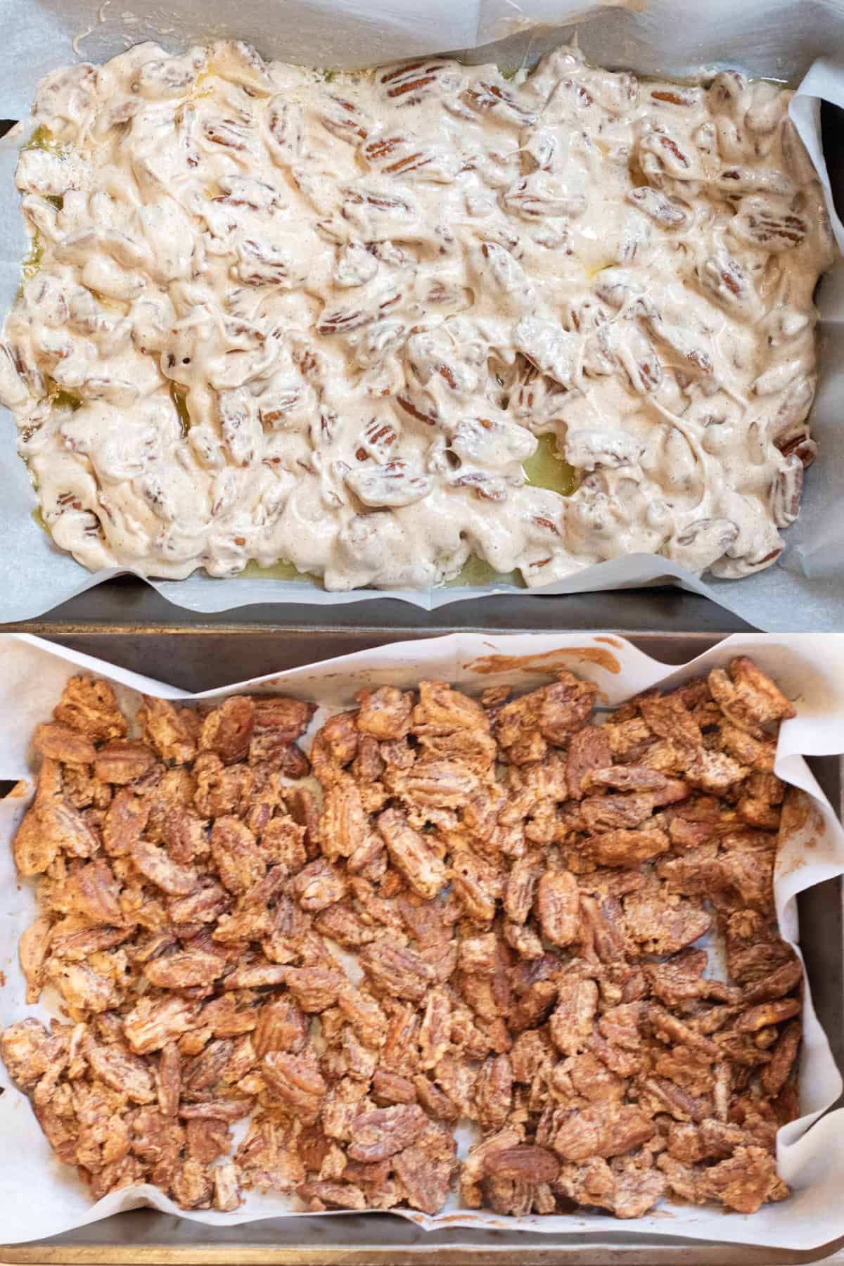 two pictures of pans, one with coated pecans and then it all baked.