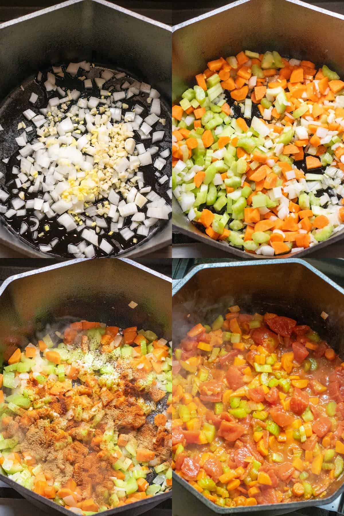 4 pictures of a dutch oven, one with onion and garlic, then with diced celery and carrots, spices, and lentils added.