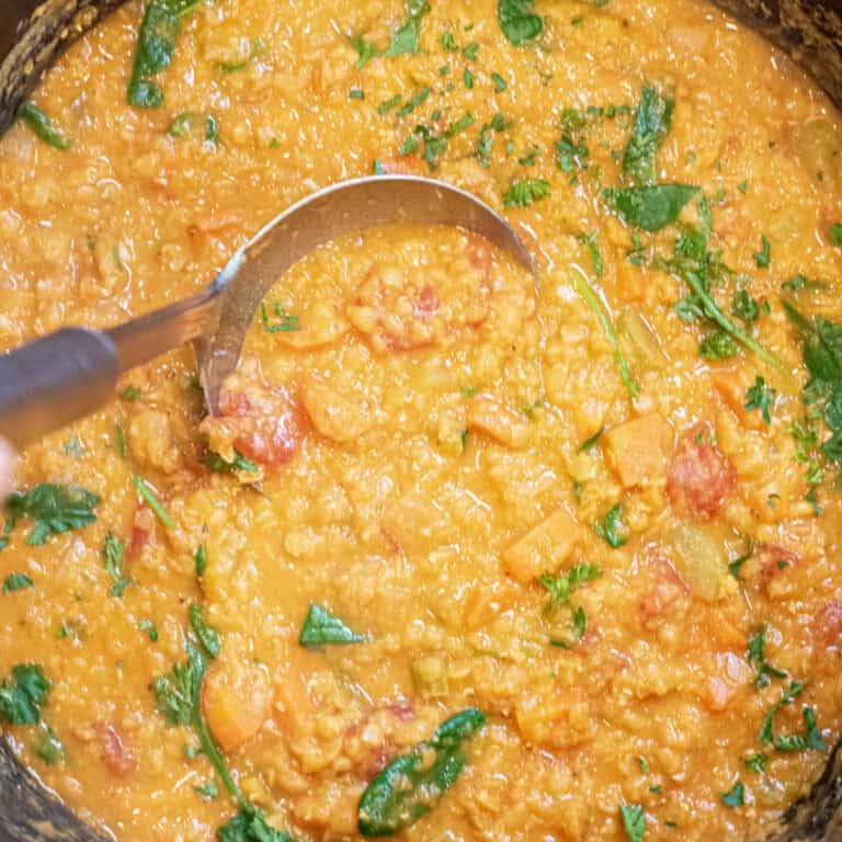 an overhead of a creamy lentil stew with a ladle in it.