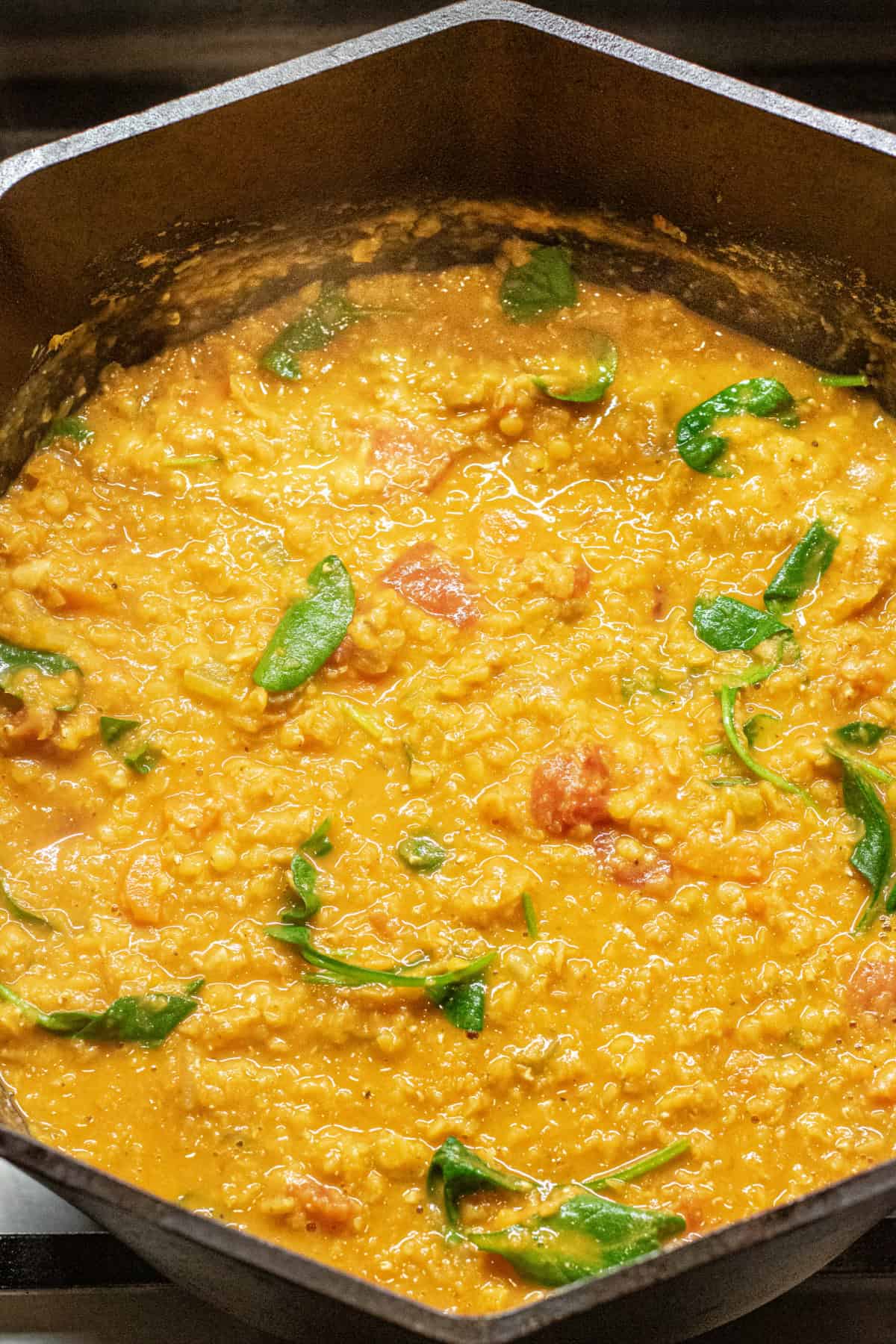 an overhead of  a pot of creamy lentil soup.
