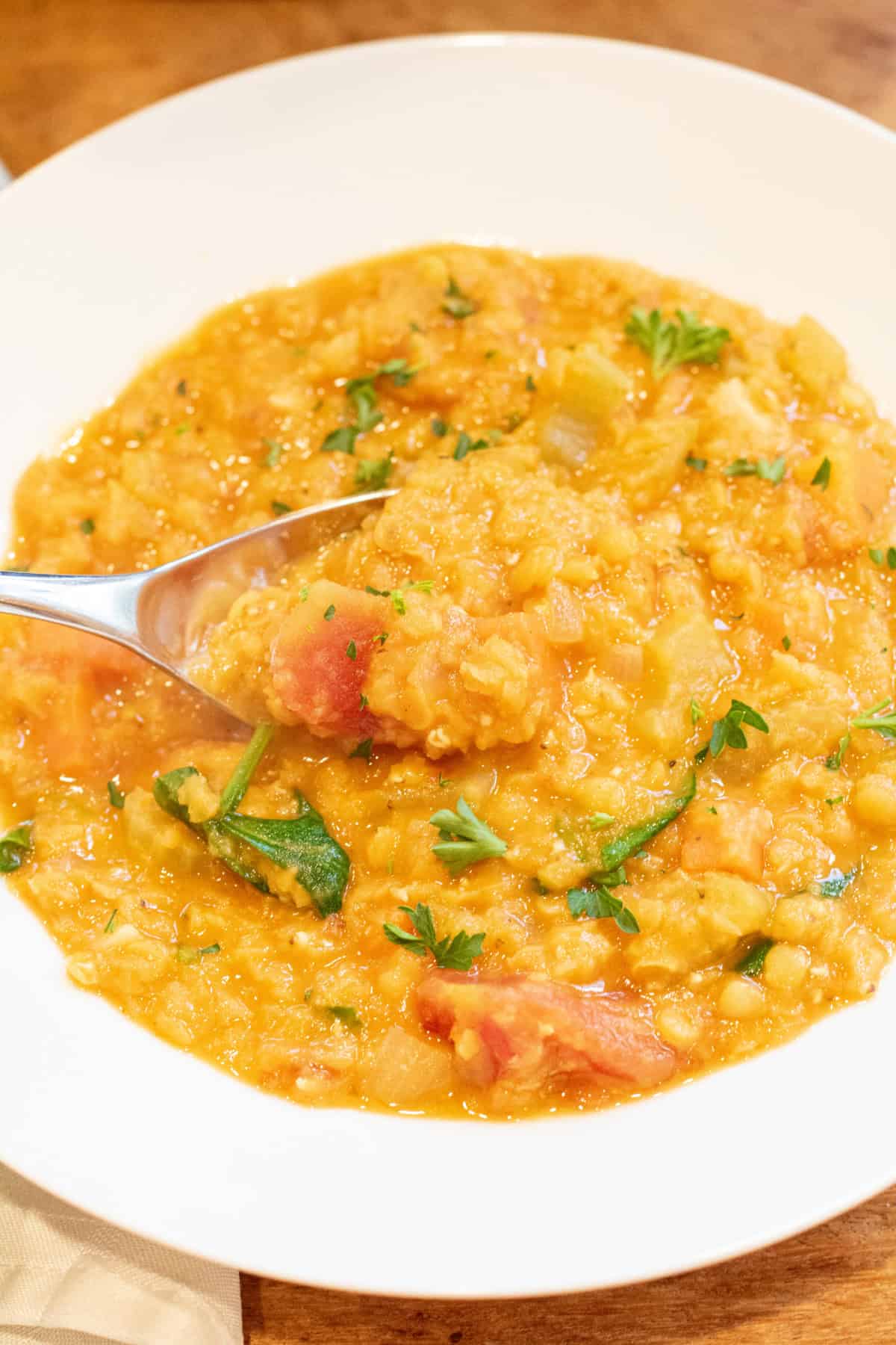 an overhead of a bowl of of creamy lentil stew with a spoon.
