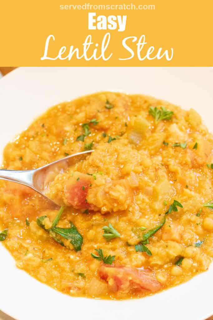 an overhead of a bowl of of creamy lentil stew with a spoon with Pinterest pin text.