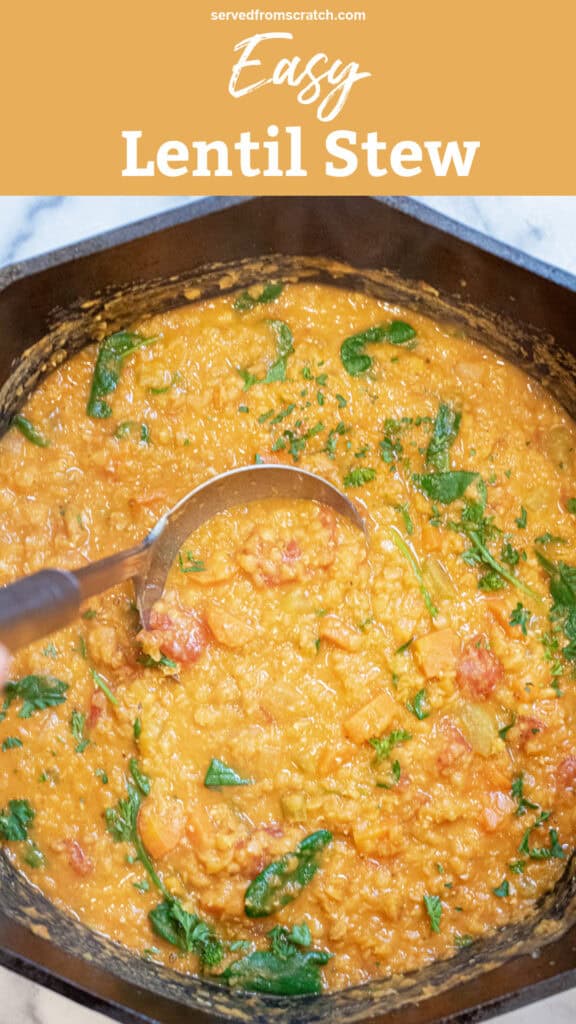 an overhead of a creamy lentil stew with a ladle in it.