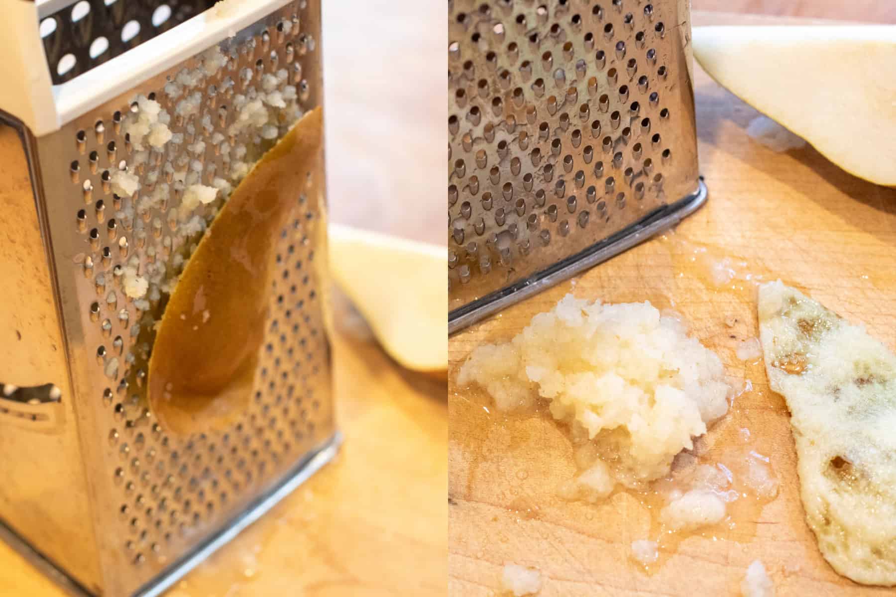two pictures of a box grater, once with a piece of pear on it and then the pear all shredded.