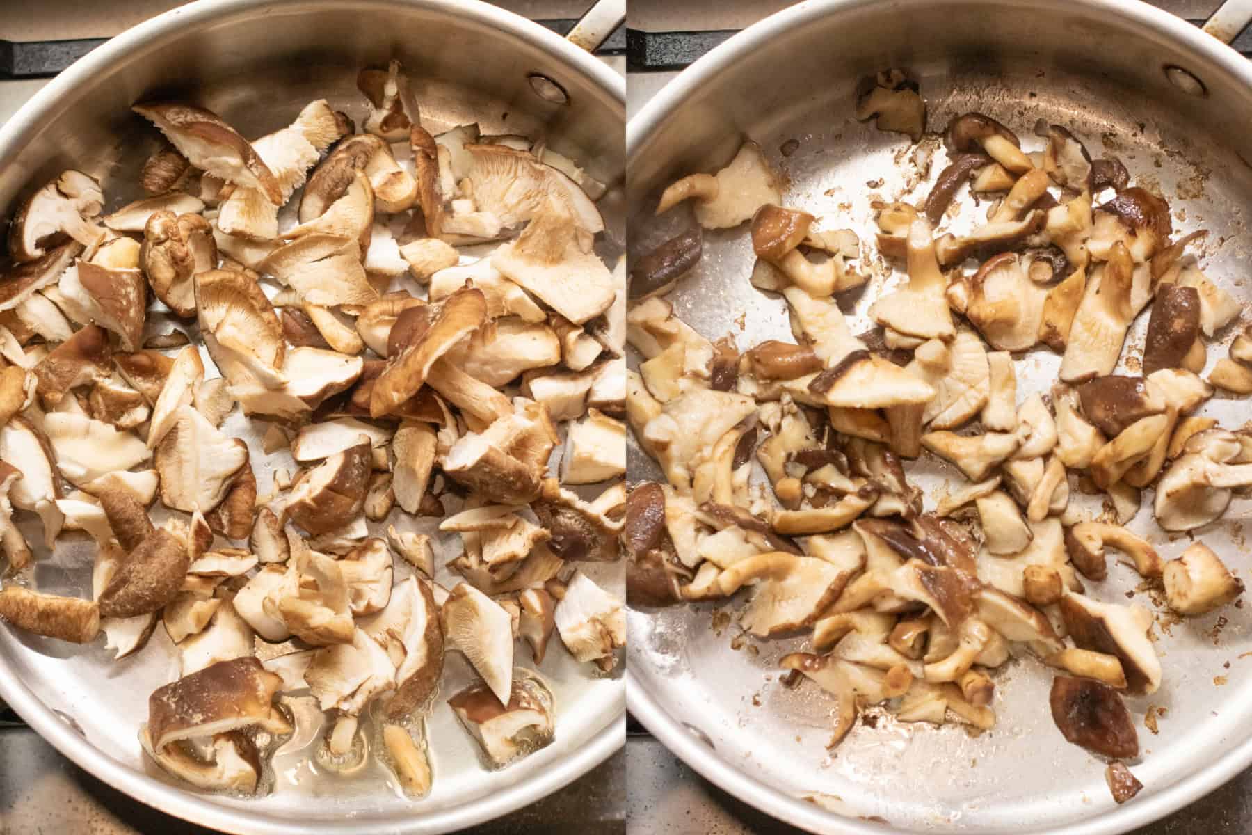 two pans of shiitake mushrooms, one with them uncooked and one with them cooked.