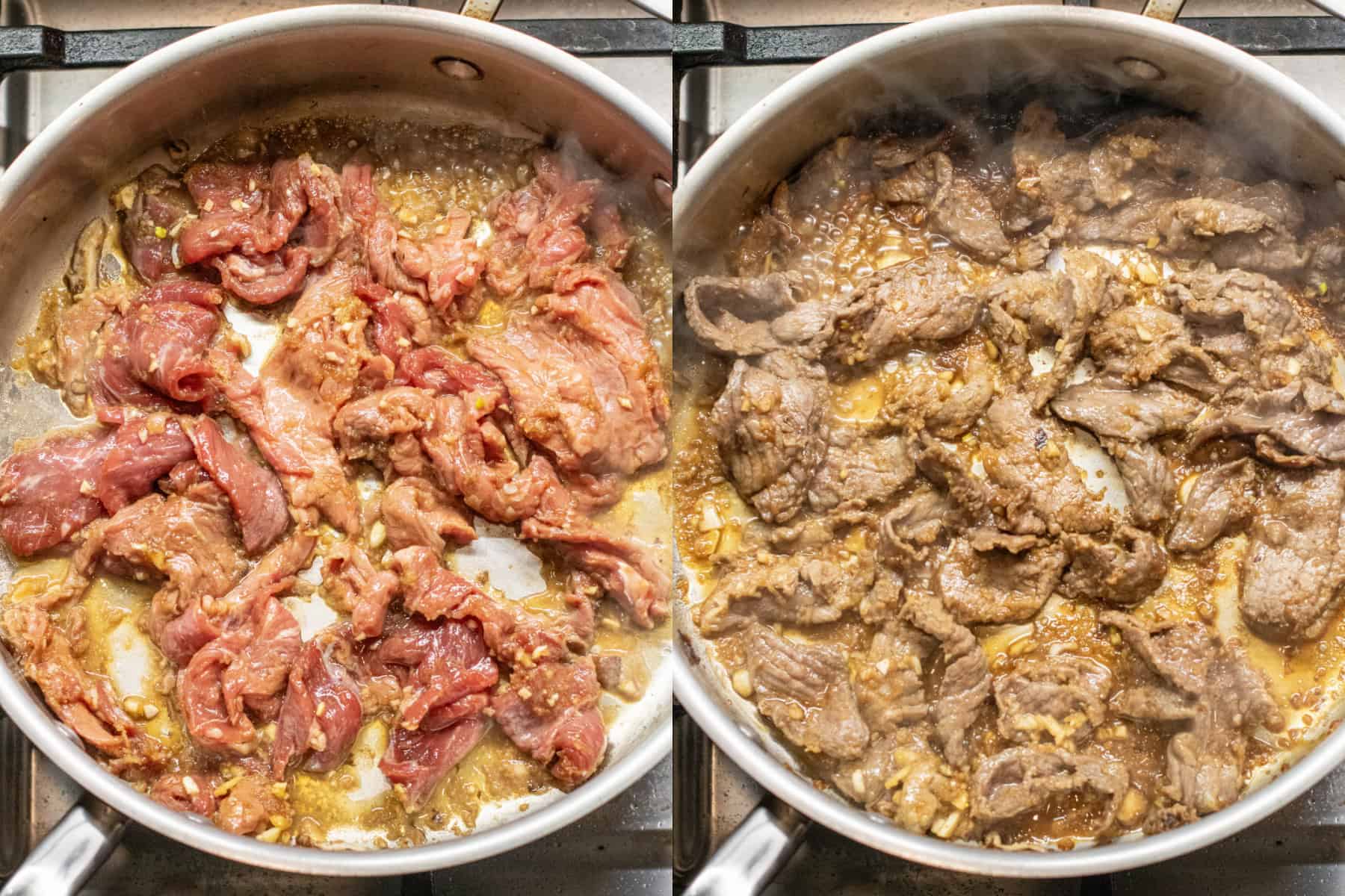 two pictures of a pan of sliced marinaded beef, one uncooked and one cooked.
