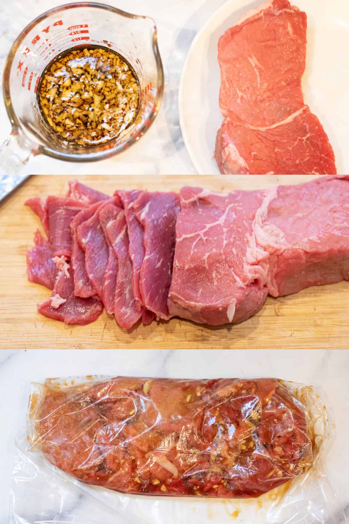 3 pictures, one of a marinade sauce and a raw sirloin, the sirloin sliced thinly, then it all in a bag to marinate.
