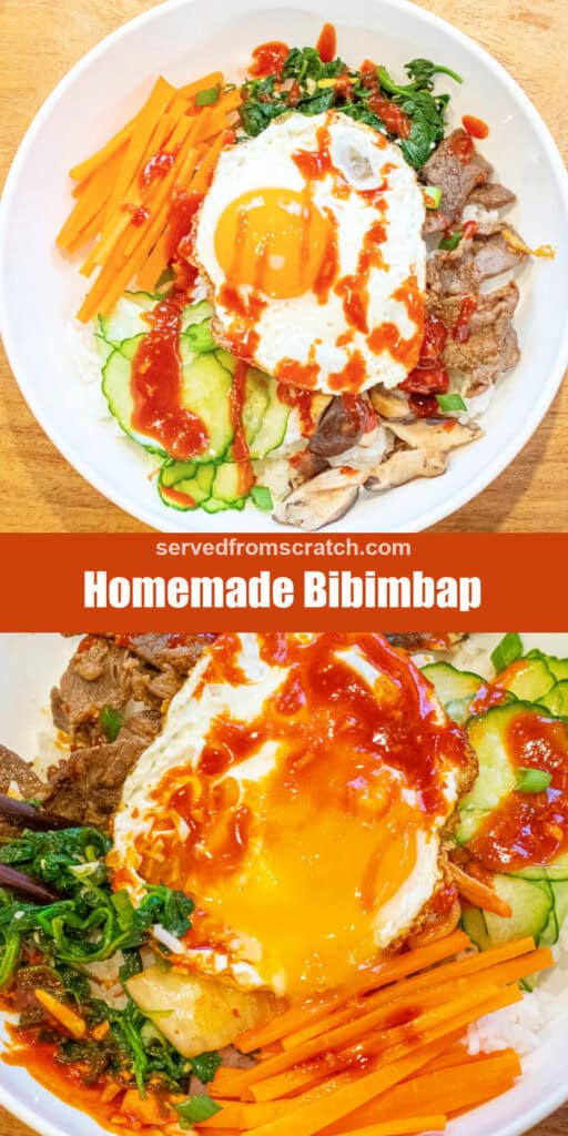overhead of a big wide bowl of sliced carrots, cucumbers, spinach salad, beef, mushrooms, and an egg on top with sauce with Pinterest pin text and the bowl with the egg yolk broken.