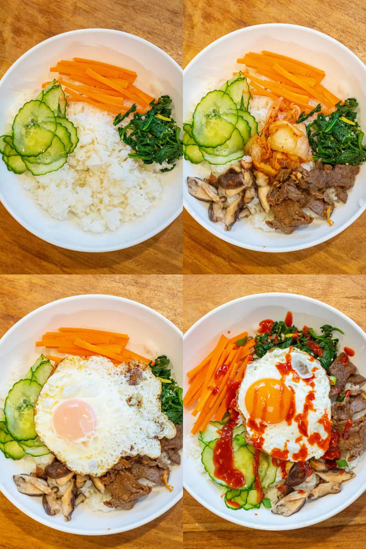 four pictures of bowls with bibimbap ingredients being added.