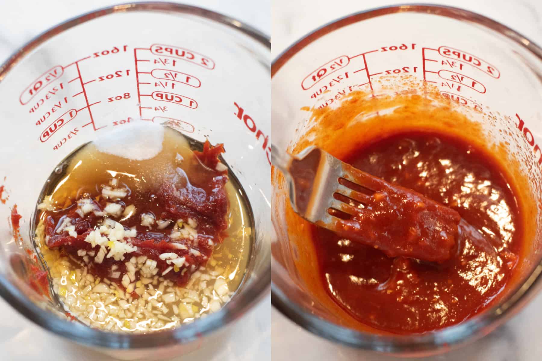 a Pyrex of all sauce ingredients and then another of it all mixed with a fork.