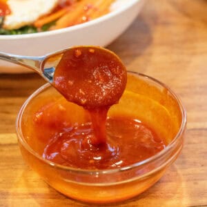 a bowl of bibimbap sauce with a spoon pulling some out.