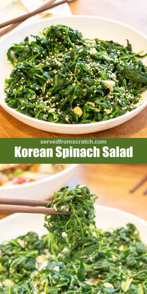 a bowl of spinach salad with Pinterest pin text and a bowl of blanched spinach with garlic and sesame seeds and some held up by chopsticks.