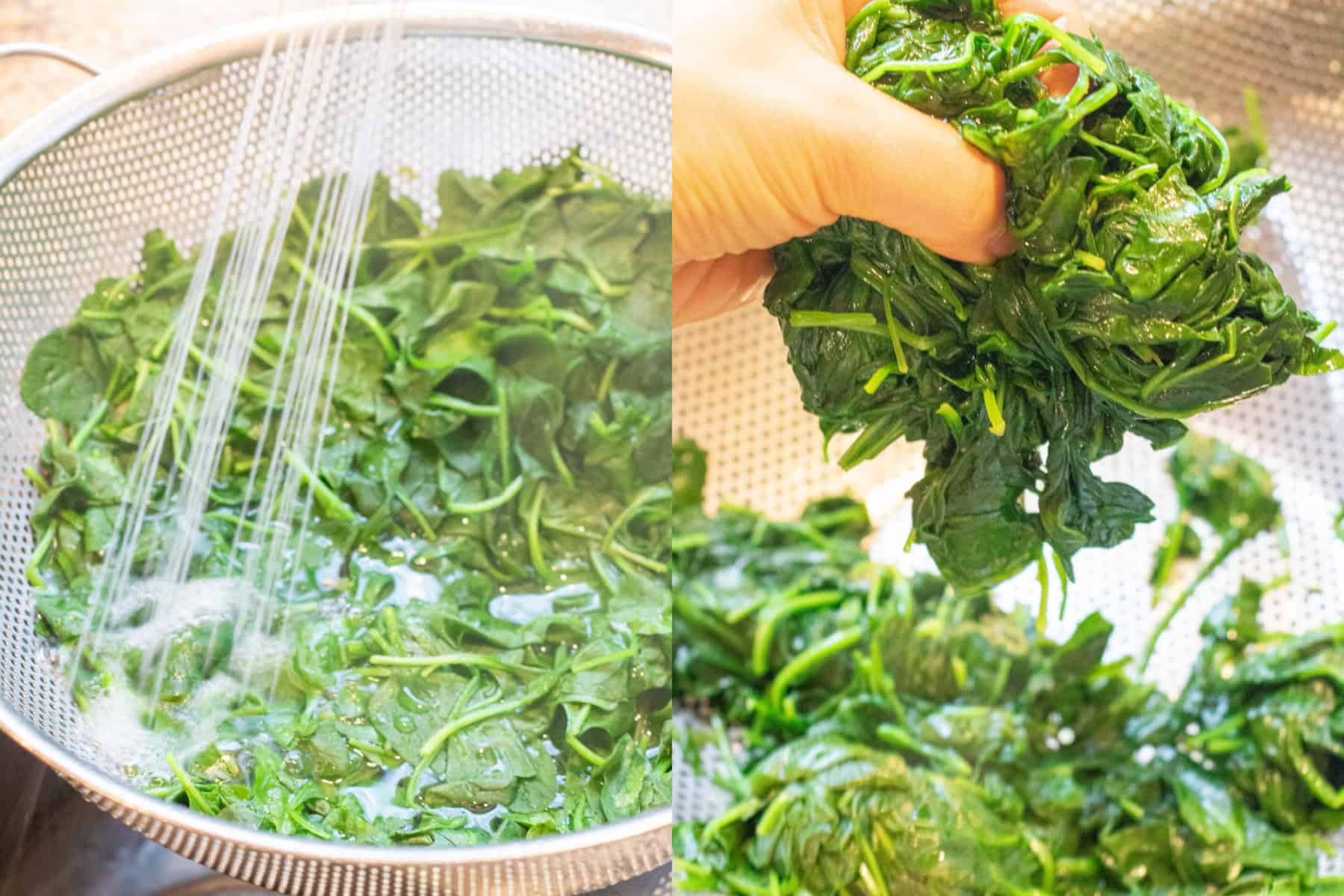 blanched spinach in a colander being rinsed and a hand squeezing it.