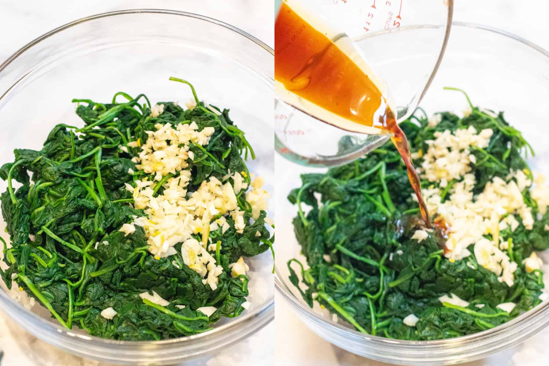 two bowls, one with blanched spinach and garlic and then oil mixture being poured in.