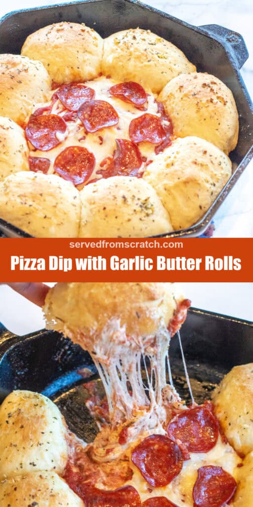 a cast iron skillet with baked rolls, and a cheesy dip with pepperoni in the center with Pinterest pin text and a hand pulling at a cheese dip with a piece of a roll with the dip surrounded by rolls.
