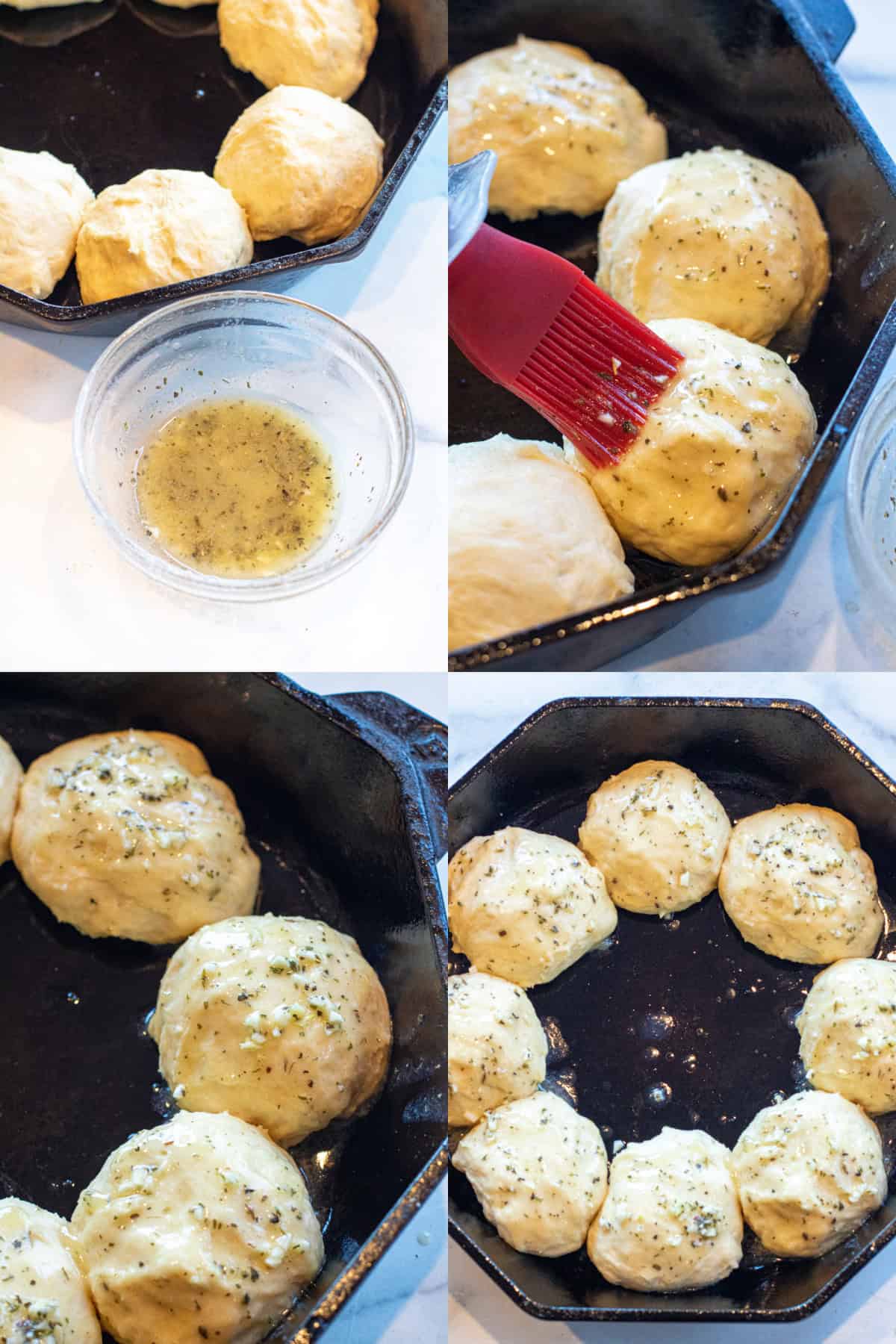 4 pictures, one with garlic butter sauce next to skillet with rolls, then rolls being brushed with the butter and garlic, a picture of some of the rolls covered, an then an overhead of all of the rolls in the cast iron covered with butter and garlic.