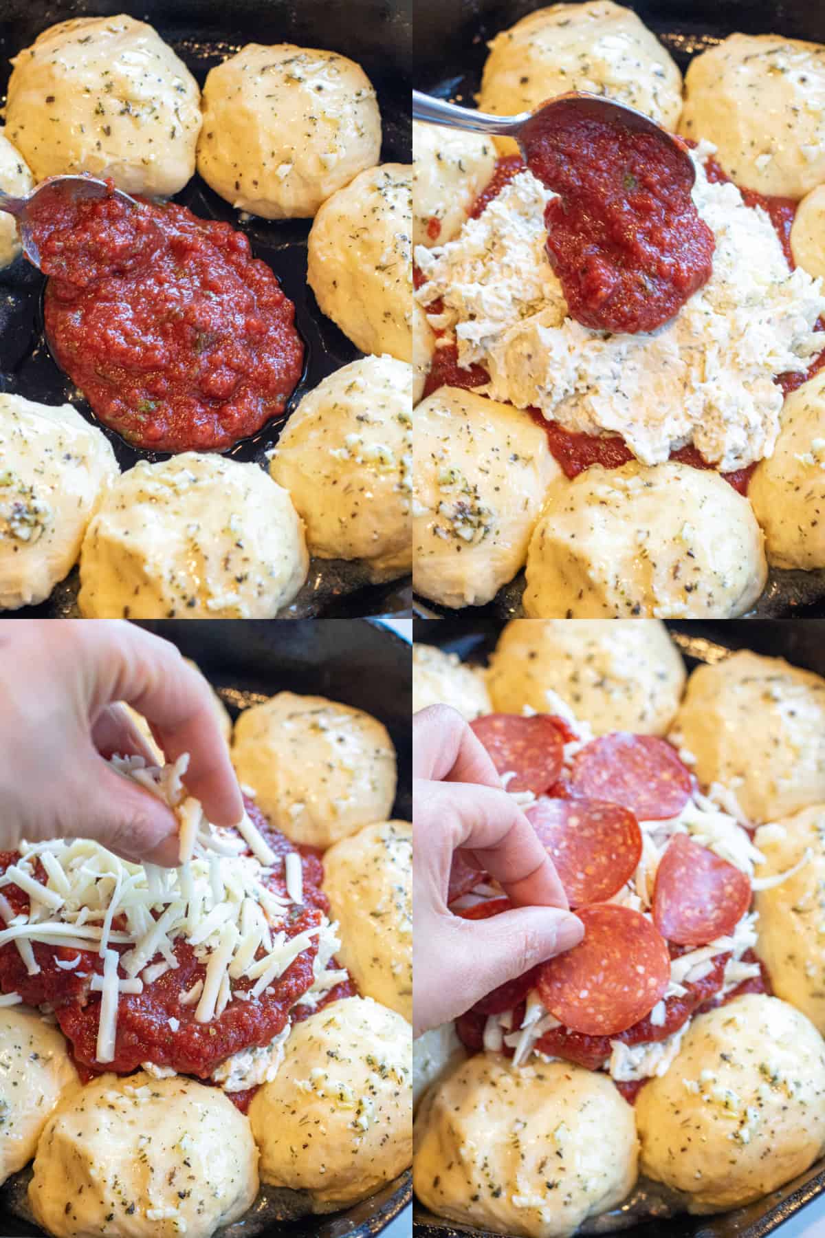 4 pictures, one of sauce being added to the center of rolls, then again on top of thick cheesy mixture, then a hand adding shredded mozzarella, and a hand adding some pepperoni.