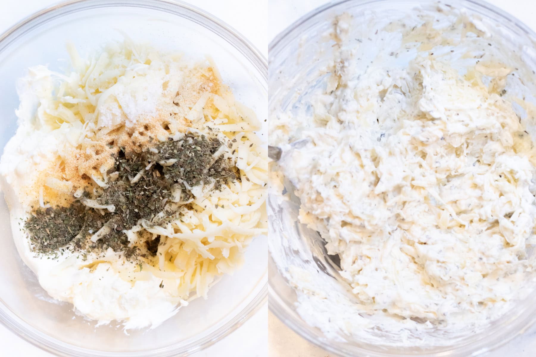 two pictures of bowls, one with the cheeses and herbs, and then it all mixed together.