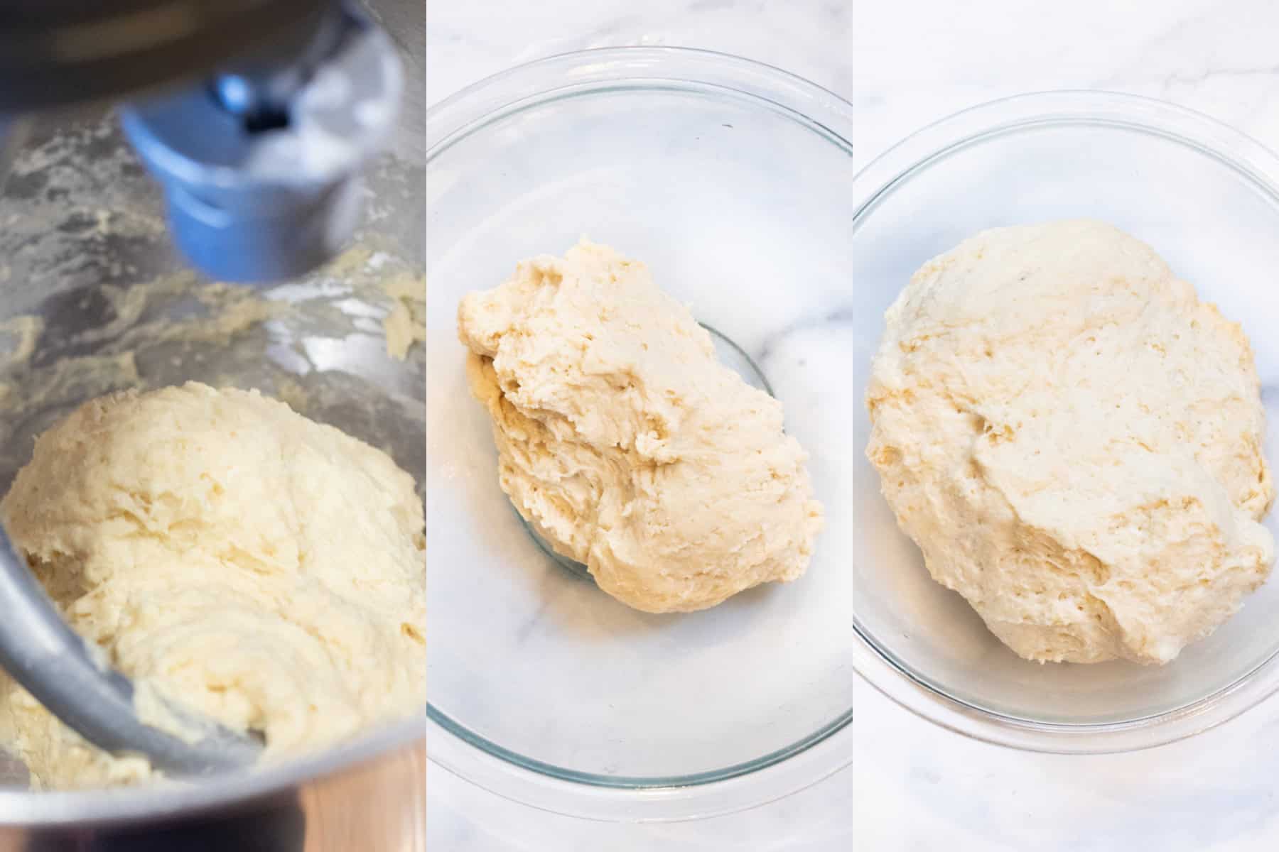 3 pictures, one of dough in a stand mixer, the dough in a bowl, and then it proofed.