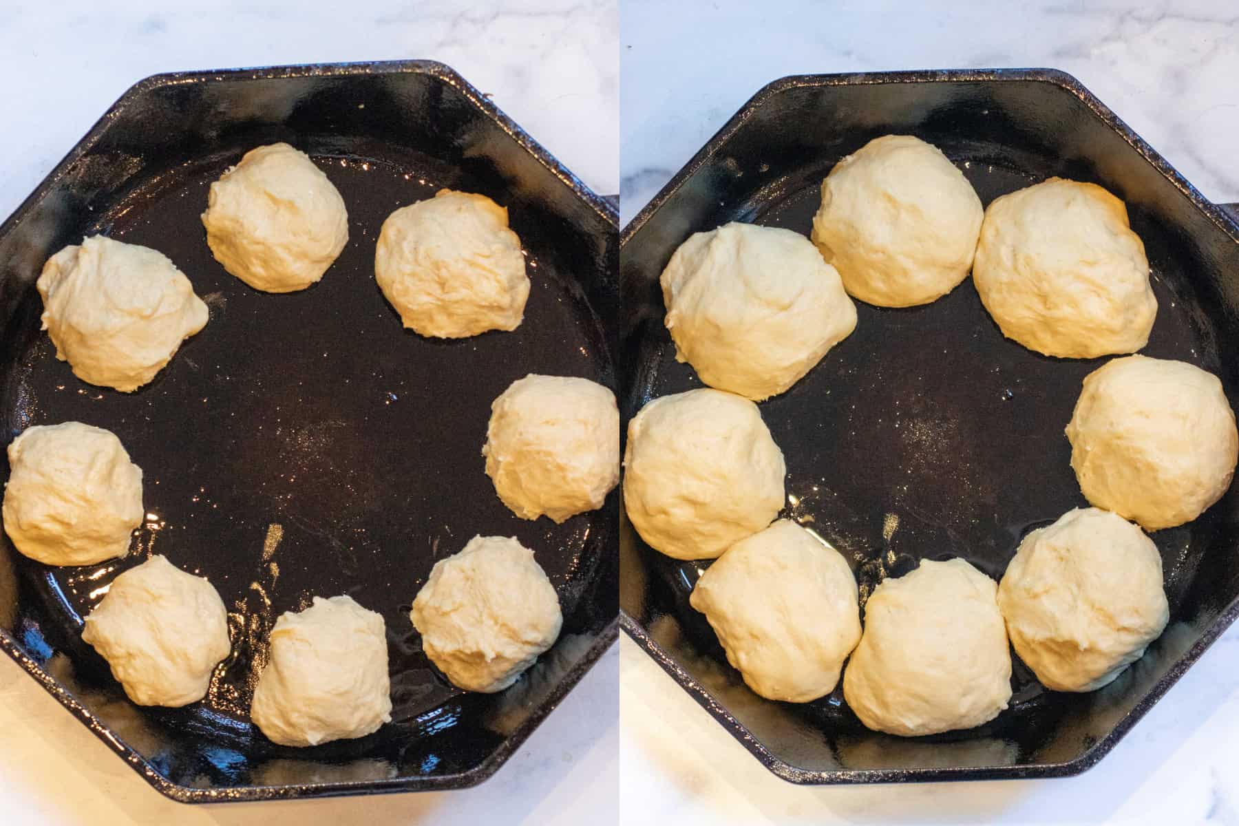 two pictures of a cast iron one with roll dough unproofed and then them proofed.