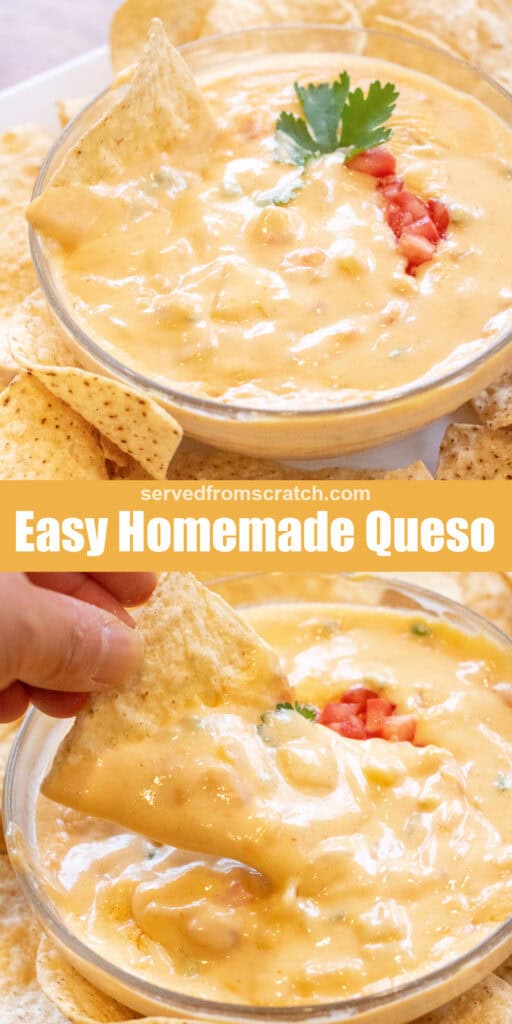a bowl of creamy queso surrounded chips and with a chip in the bowl with Pinterest pin text.