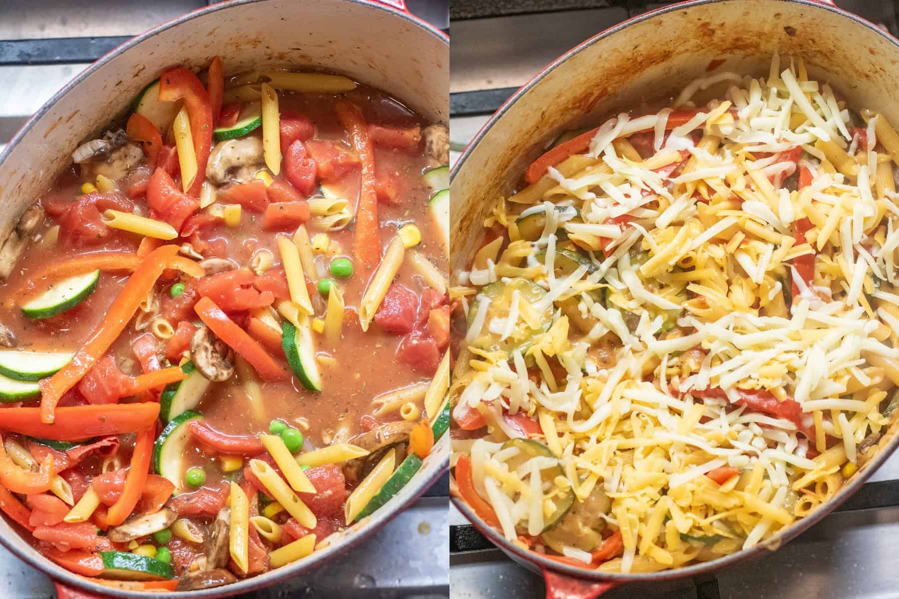 an overhead of a dutch oven with veggies, pasta, and stock and then it with shredded cheese on top.