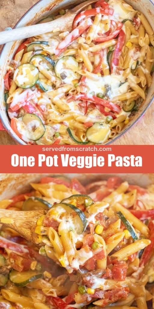 an overhead of cheesy pasta with veggies with Pinterest pin text and a spoonful of cheesy pasta and vegetables.