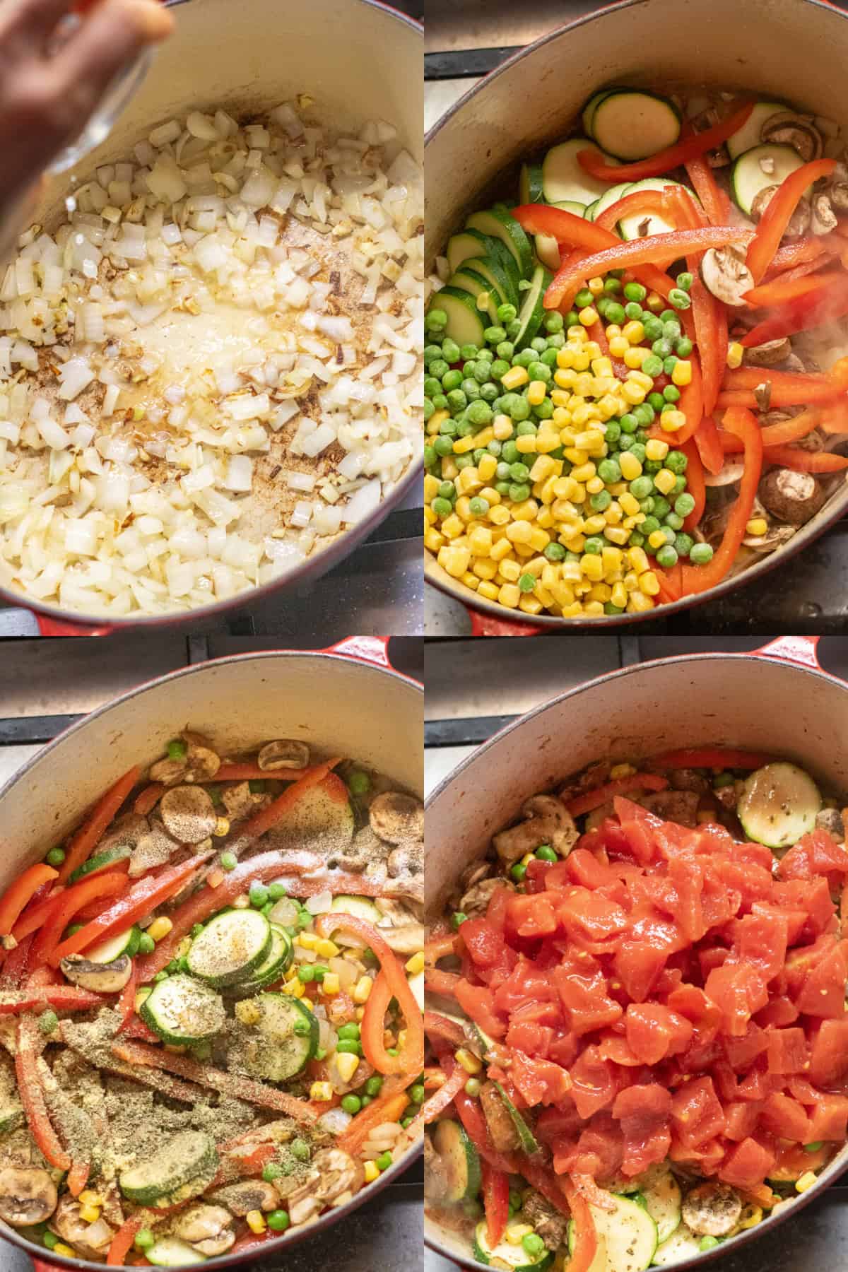 4 pictures of the overhead of a dutch oven, first with onion and garlic sauteed, then with peas and corn and peppers added, then with herbs added, and then with tomatoes added.