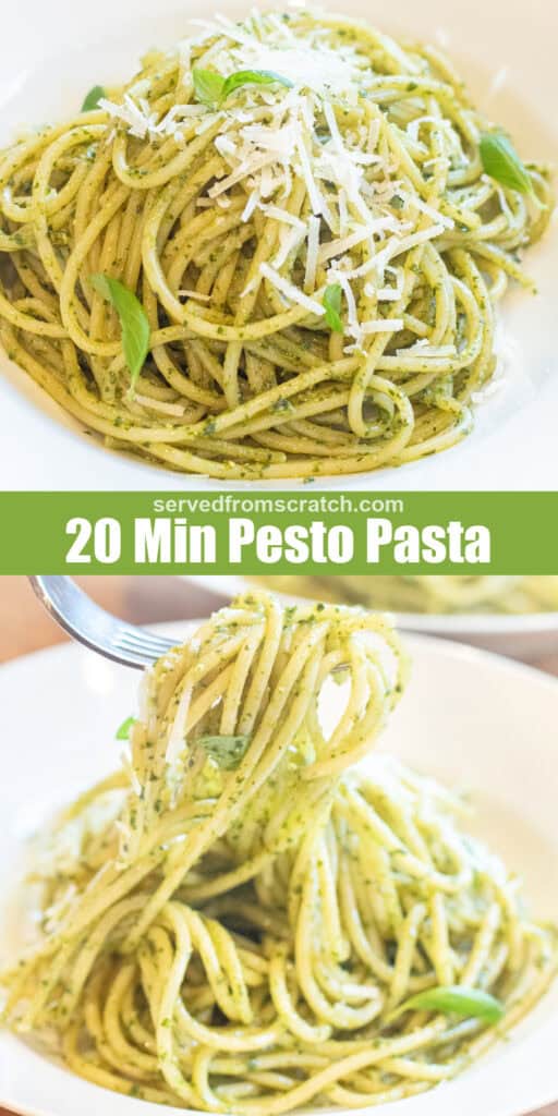 a bowl of pesto pasta with basil leaves and parmesan cheese on top with Pinterest pin text a bowl of pesto pasta with a fork holding some up.