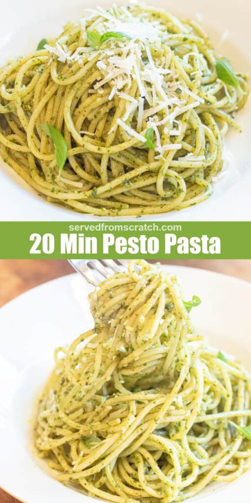a bowl of pesto pasta with basil leaves and parmesan cheese on top with Pinterest pin text a bowl of pesto pasta with a fork holding some up.