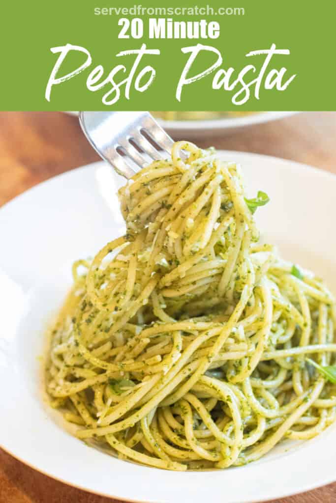 a bowl of pesto pasta with a fork holding some up with Pinterest pin text.