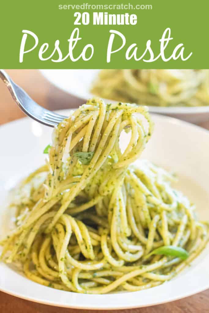 a bowl of pesto pasta with a fork holding some up with Pinterest pin text.
