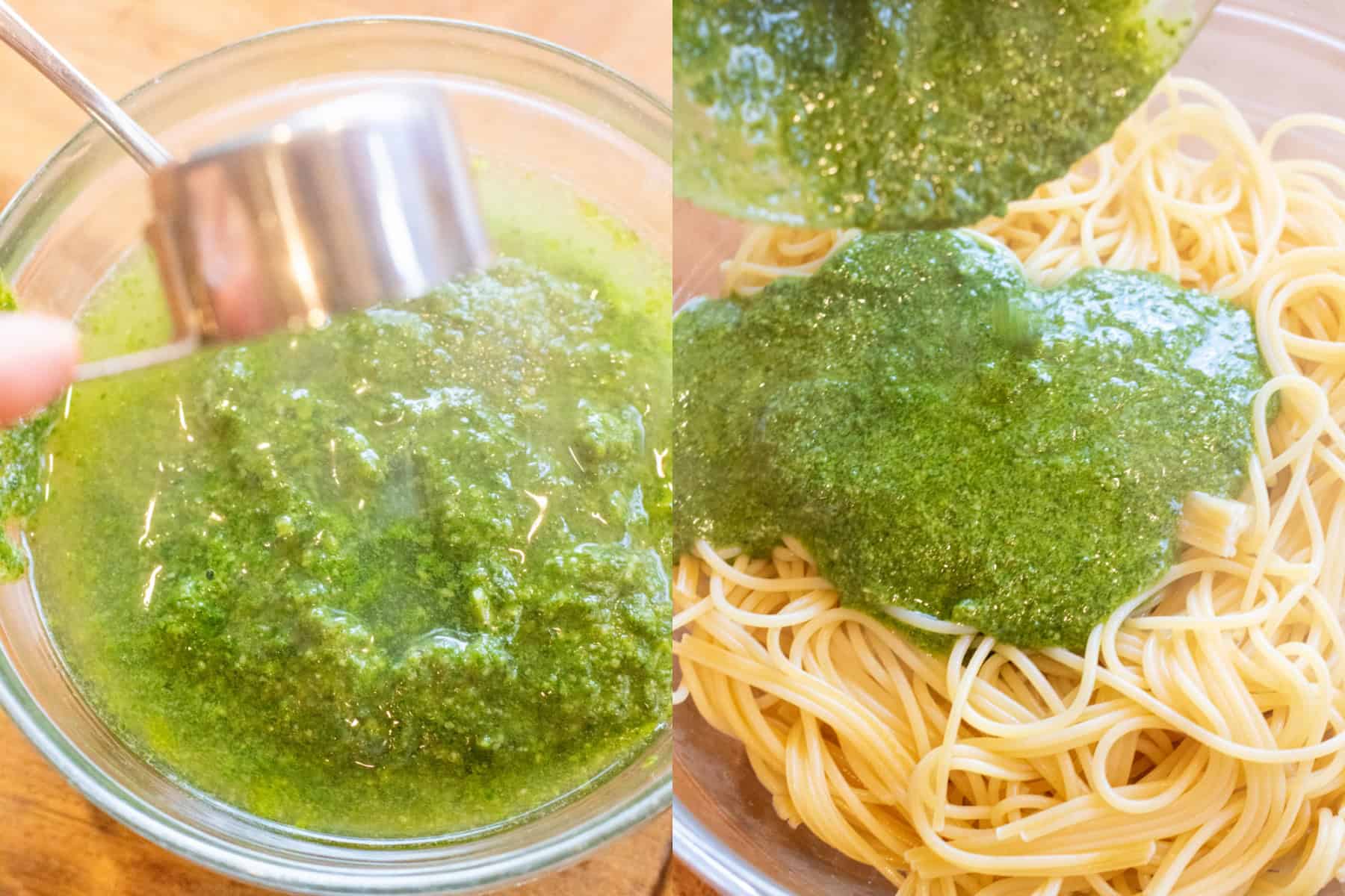 pasta water being added to a bowl of pesto and then the pesto being added to a bowl of pasta.