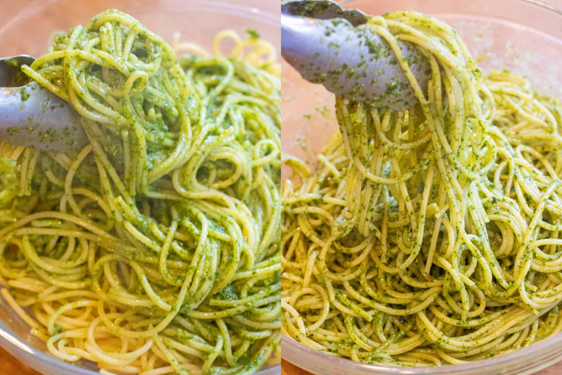 two bowls, one with pesto added and being mixed with pasta and then tongs mixing it more.