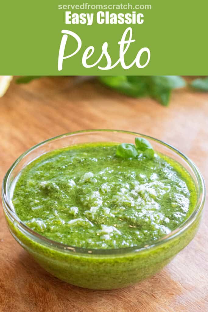 a bowl of pesto with a little parmesan cheese on top with Pinterest pin text.