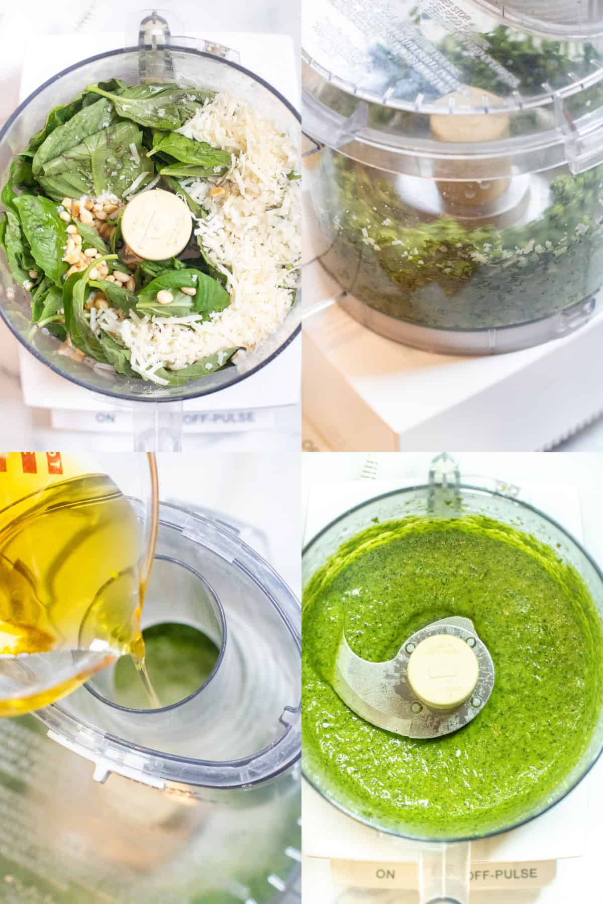 a food processor with basil, cheese, toasted nuts, a picture of it blending, olive oil being poured in and then the food processor.