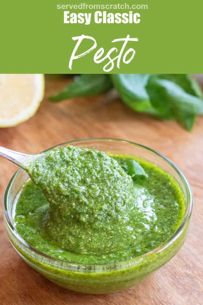 a bowl of pesto with a spoon in it with Pinterest pin text.