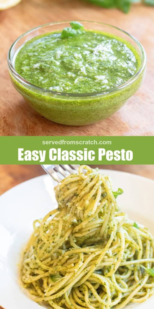 a bowl of pesto with a little parmesan cheese on top with Pinterest pin text and a plate of pesto pasta with a fork holding up some pasta.
