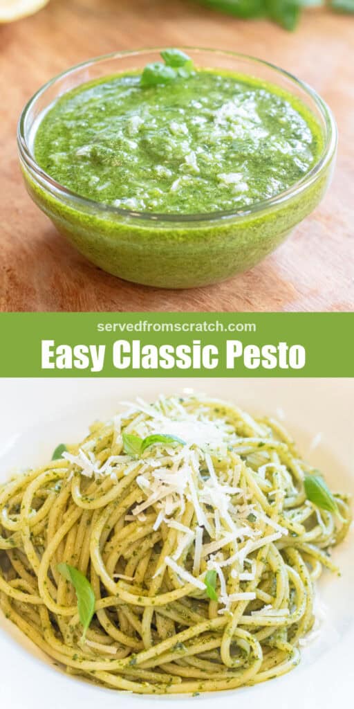 a bowl of pesto with a little parmesan cheese on top with Pinterest pin text and a plate of pesto pasta.