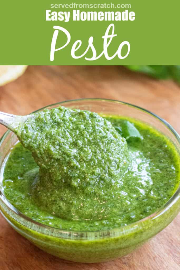a bowl of pesto with a spoon in it with Pinterest pin text.