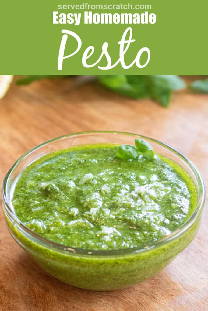 a bowl of pesto with a little parmesan cheese on top with Pinterest pin text.